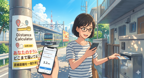 ポスティングのチラシを投函している女性。Distance Calculator広告ポスター、スマホ画面に「3.2 km」、奥には駅と東京タワー