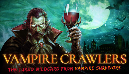 Vampire Crawlers: The Turbo Wildcard from Vampire Survivors の Steam ストアカプセル画像。吸血鬼キャラがワイングラスを掲げ、背景に月とコウモリ、ゴシック様式の城が見える。画像: Steam ストアページ © poncle